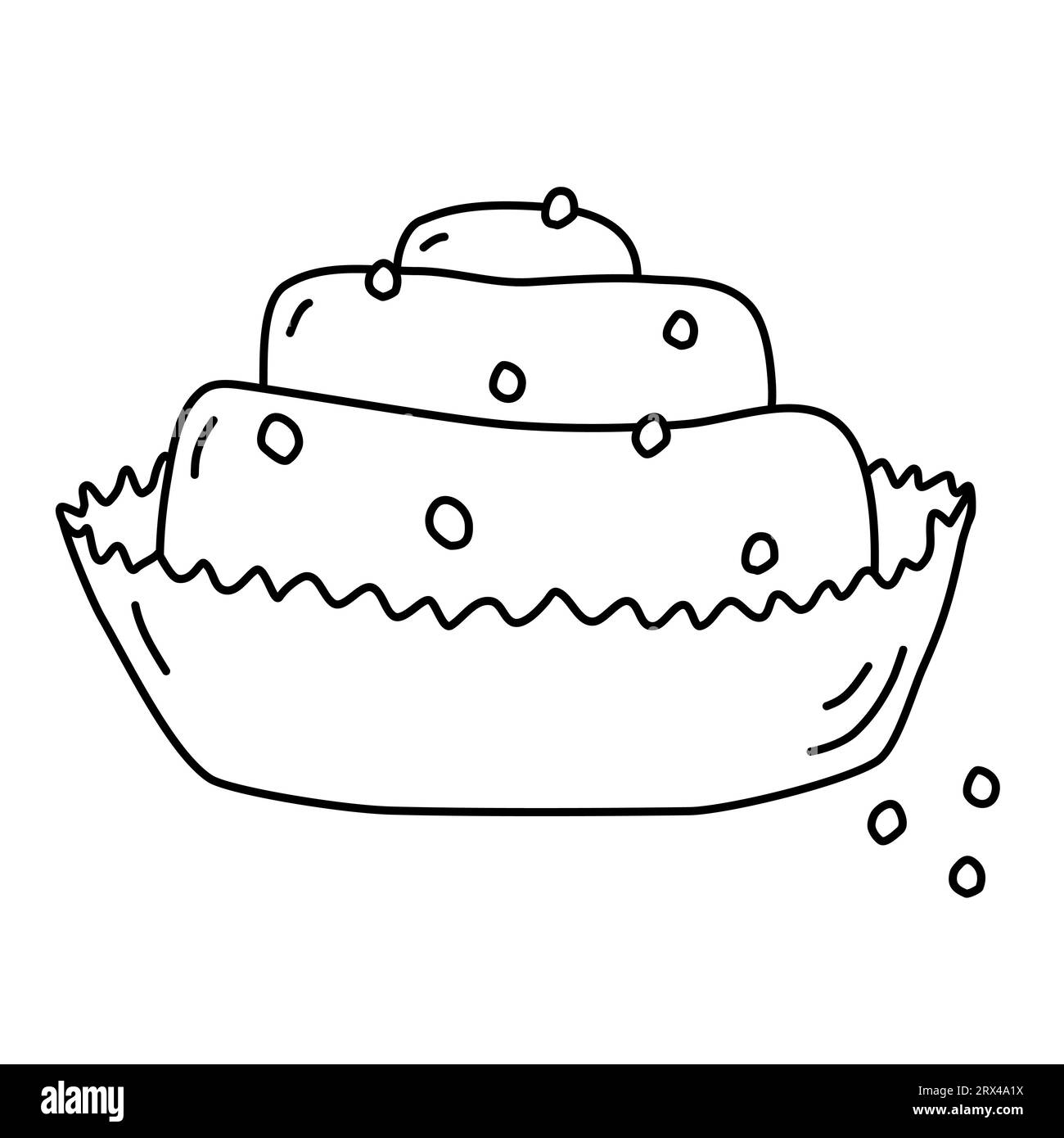 Délicieux petit pain à la cannelle saupoudré de sucre dans la tasse de papier support, illustration vectorielle plate de style doodle pour livre de coloriage pour enfants Illustration de Vecteur
