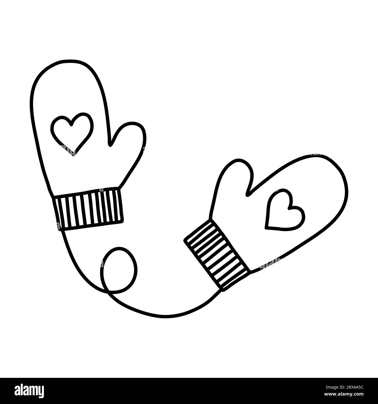Paire de mitaines tricotées chaudes mignonnes avec motif de coeur, illustration vectorielle plate de style doodle pour livre de coloriage pour enfants Illustration de Vecteur