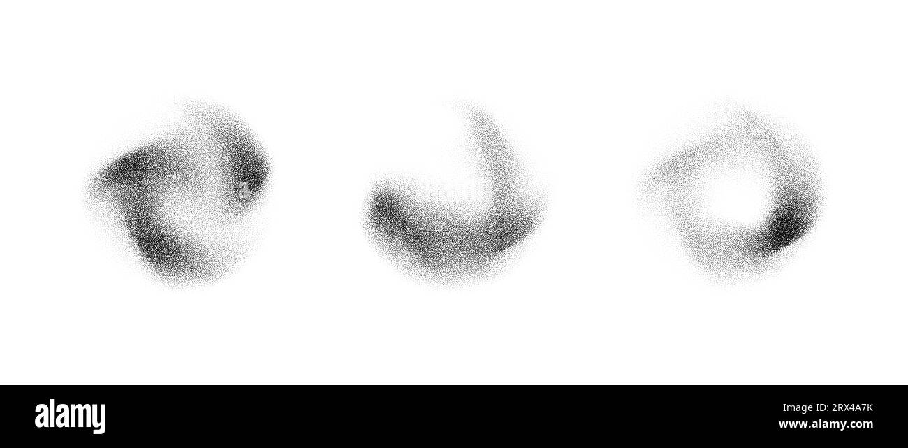 Eléments de gradient pointillés fluides abstraits. Texture de grain de bruit tache ensemble de forme. Ombres à pois noirs et blancs et taches de poussière de sable. Collection de formulaires anti-éclaboussures de demi-tons. Éclaboussures vectorielles Illustration de Vecteur