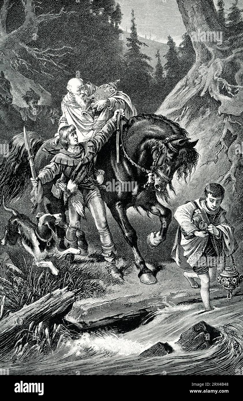Rodolphe de Habsbourg (1218-1291) et Saint prêtre. Rudolf, l’un des empereurs romains les plus célèbres, était même très respectueux de l’Église dans sa jeunesse. À un moment donné, dans les cols sauvages de montagne autour de sa maison, il a rencontré un pauvre prêtre luttant contre le vent et la tempête pour porter le dernier sacrement à un paysan mourant. Rudolf démonta, plaça le prêtre sur son cheval et le guida jusqu'à sa destination. Il a ensuite insisté pour que le Saint homme conserve le cheval comme un cadeau, disant que, ayant porté une fois le messager de Dieu, il ne pourrait jamais être utilisé à un but moindre. Rodolphe Ier fut le premier roi d'Allemagne de t Banque D'Images