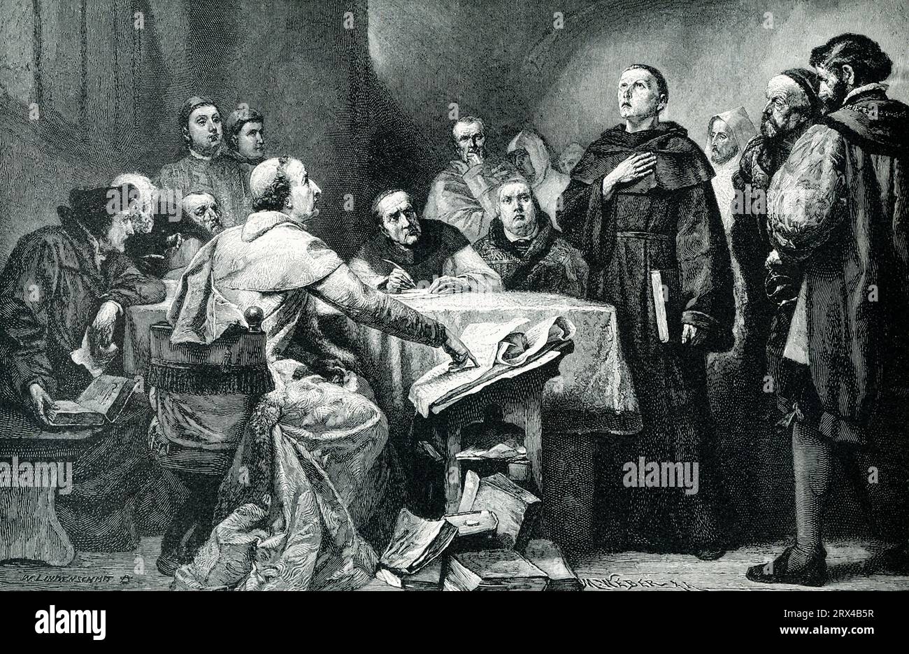 Luther avant le cardinal Cajetanus. Luther, le grand réformateur allemand, a d'abord été convoqué pour expliquer ses doctrines devant le légat pontifical Cajetanus. L'empereur allemand avait supplié Cajetanus de traiter doucement avec le moine savant, et le légat a essayé de le faire, mais finalement ordonné avec toute l'autorité sévère de l'Église, qu'il devrait abandonner Banque D'Images