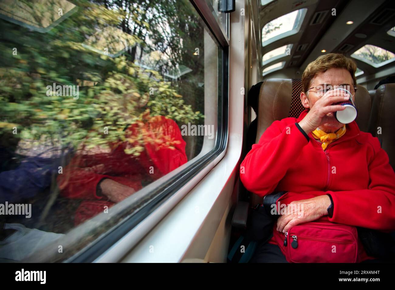 Femme âgée voyageant en train. Réflexion dans la fenêtre Banque D'Images