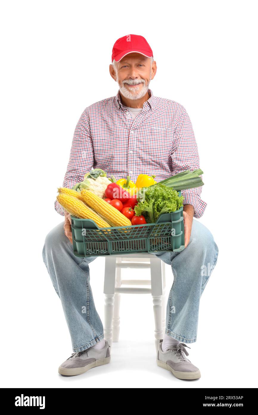 Fermier mâle mature avec boîte de différents légumes mûrs assis sur la chaise sur fond blanc Banque D'Images