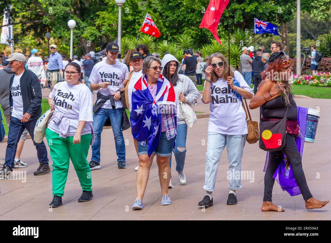 Sydney, Australie. 23 septembre 2023. Les Australiens soutiennent le « non ! » Votez au référendum Voice to Parliament Rassemblez-vous lors d'un rassemblement à Hyde Park. Crédit : Robert Wallace / Wallace Media Network / Alamy Live News Banque D'Images