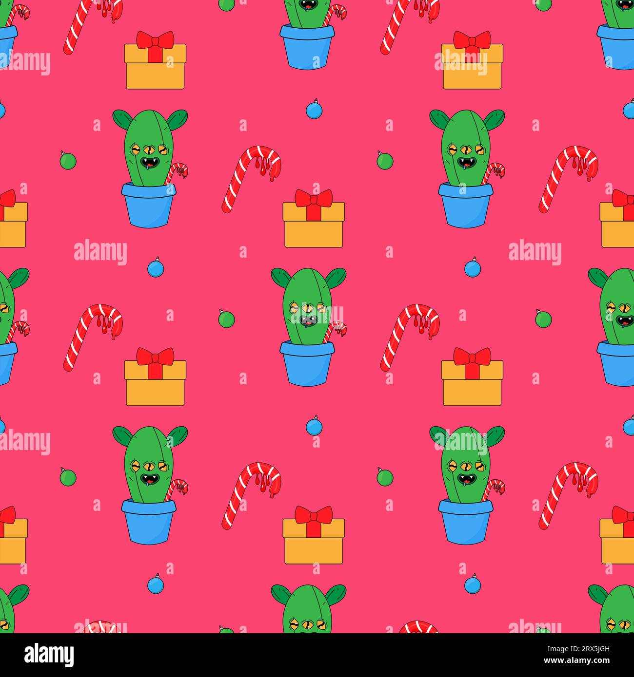 Noël, nouvel an, cactus éco et cadeaux. Dans le style groovy psychédélique. Modèle sans couture sur tissu, papier d'emballage, literie, vêtements. Illustration de Vecteur