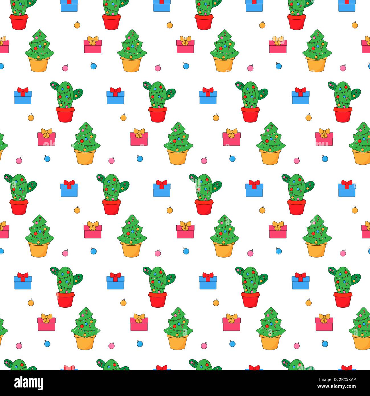 Noël, nouvel an, cactus éco et cadeaux. Dans le style groovy psychédélique. Modèle sans couture sur tissu, papier d'emballage, literie, vêtements. Illustration de Vecteur