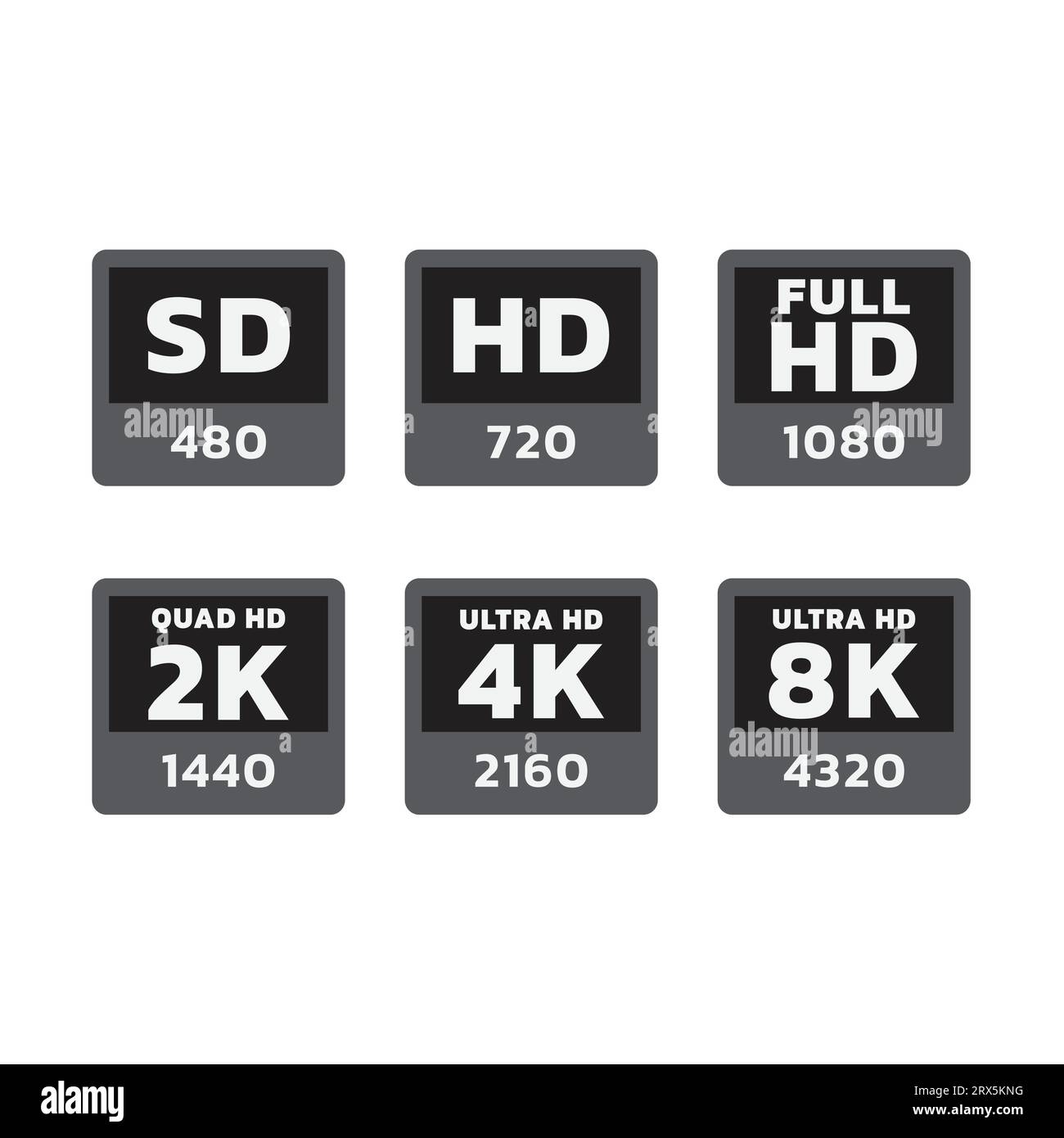 Jeu d'étiquettes vectorielles HD, Full hd et 8K. Étiquettes de jeu d'autocollants télévisuels ultra hd, résolution 4K. Illustration de Vecteur