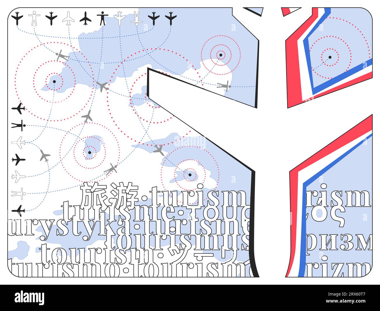 Une représentation plate minimaliste de l'impact du tourisme et du transport aérien sur les destinations Illustration de Vecteur
