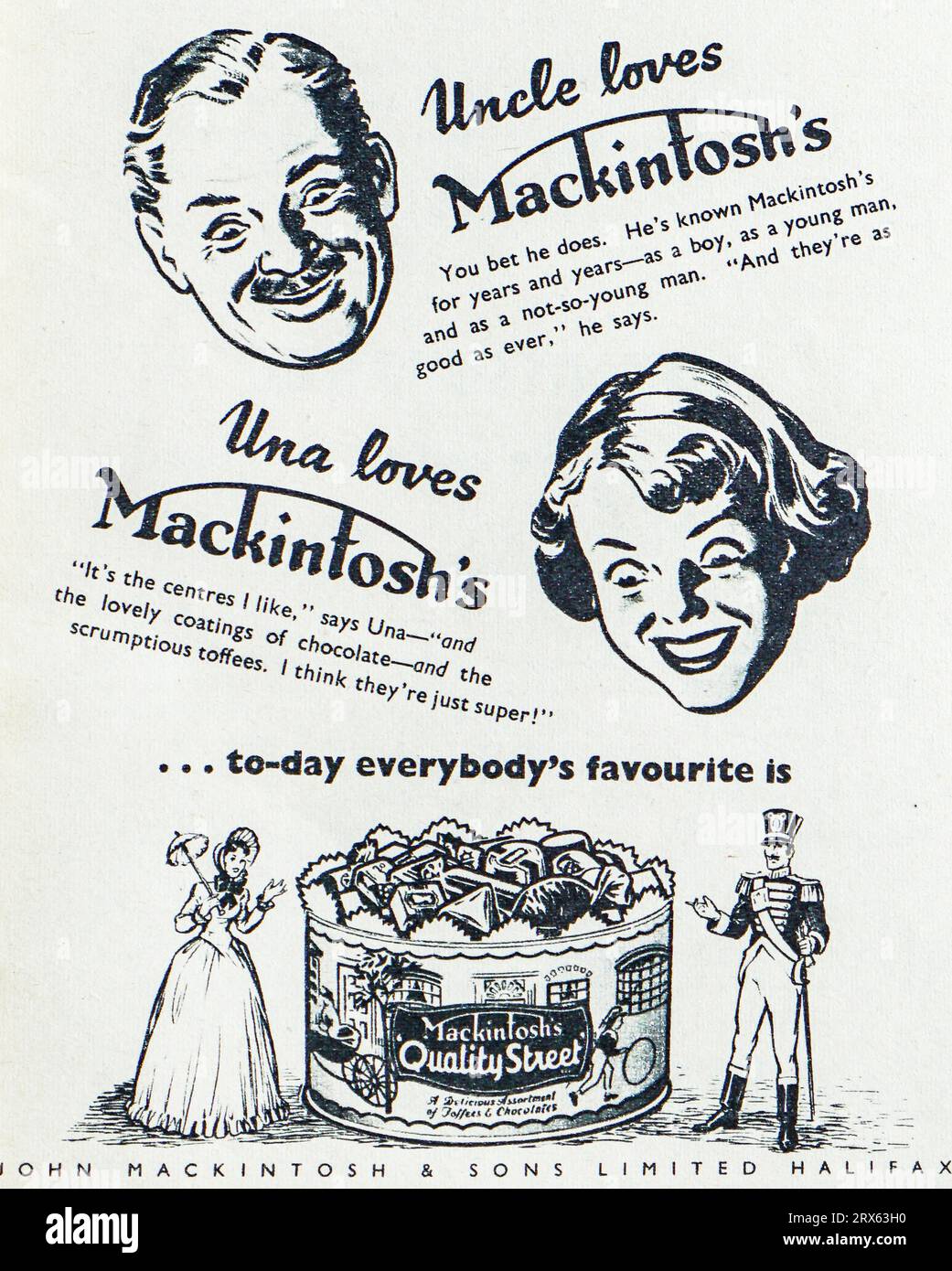 Une publicité de 1950 pour Mackintosh's Quality Street assortis de caramel et de bonbons au chocolat. Mackintosh’s a été fondée en 1890. En 1969, Mackintosh fusionne avec Rowntree et devient Rowntree Mackintosh. En 1969, Rowntree Mackintosh fusionne avec Nestlé. Des boîtes de Quality Street sont encore fabriquées et sont connues sous le nom de Nestlé.Quality Street. Banque D'Images