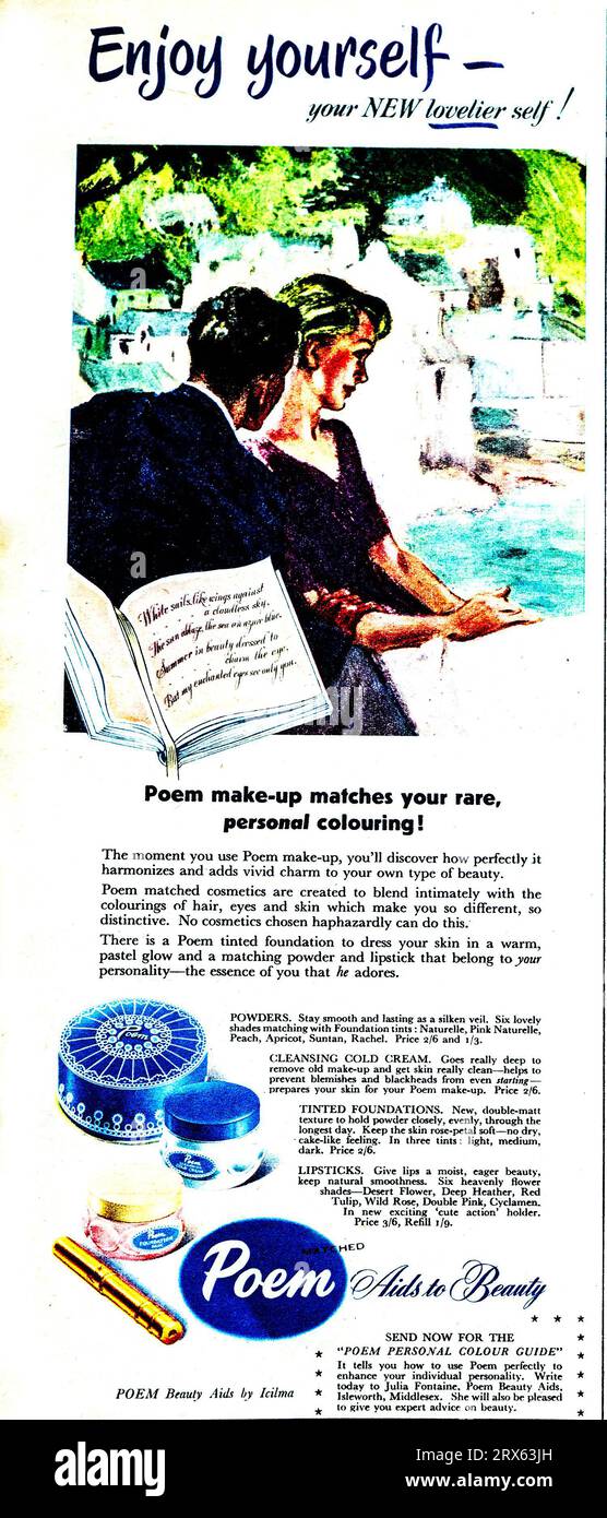 Une publicité de 1950 pour Poem Beauty AIDS par Icilma. La publicité présente un couple et un poème que l'homme a écrit pour la femme. Icilma fabriquait du rouge à lèvres, du fond de teint, de la crème froide nettoyante et des poudres sous la marque Poem. Banque D'Images