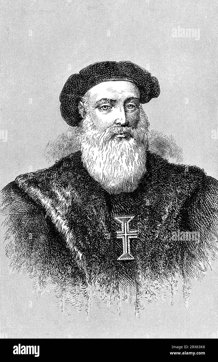 Vasco da Gama (c1460s-1524), explorateur portugais et premier européen à atteindre l'Inde par mer. Une œuvre basée sur une peinture à l'huile datant du 16th siècle. Banque D'Images