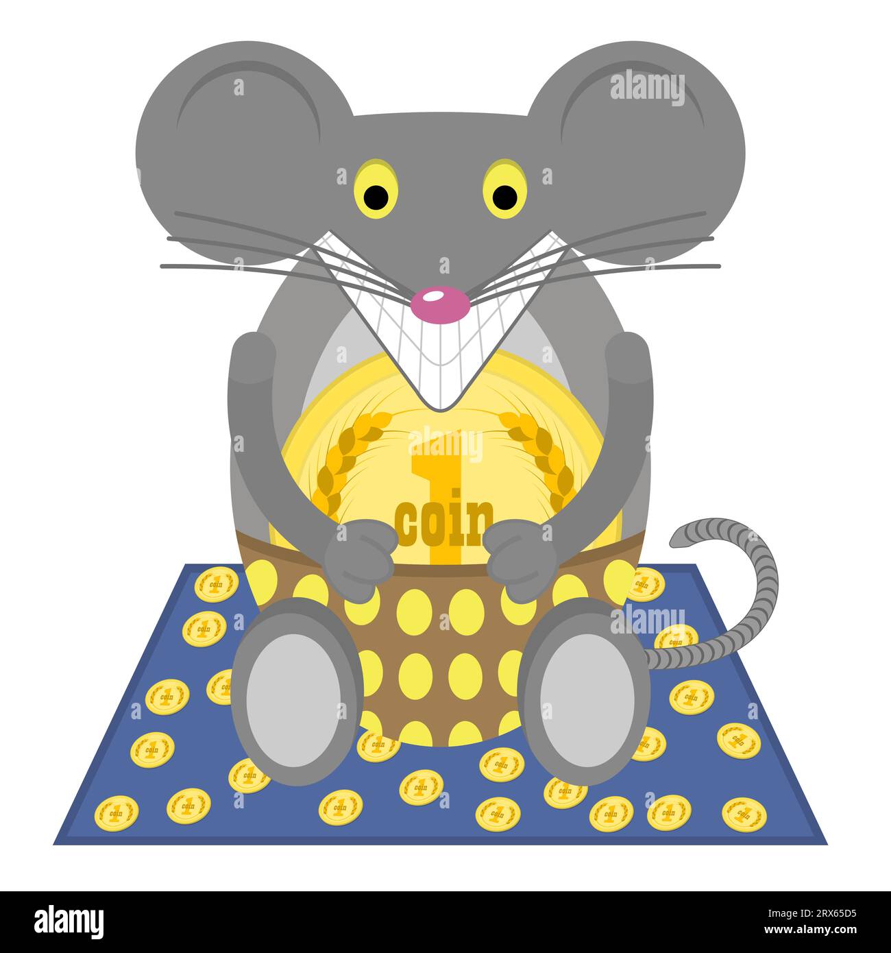 Souris avec pièce de monnaie dans les pattes. Drôle de souris heureuse assis sur un tapis avec des pièces d'or éparpillées. Illustration isolée. Personnage de dessin animé dans un style plat. Illustration de Vecteur