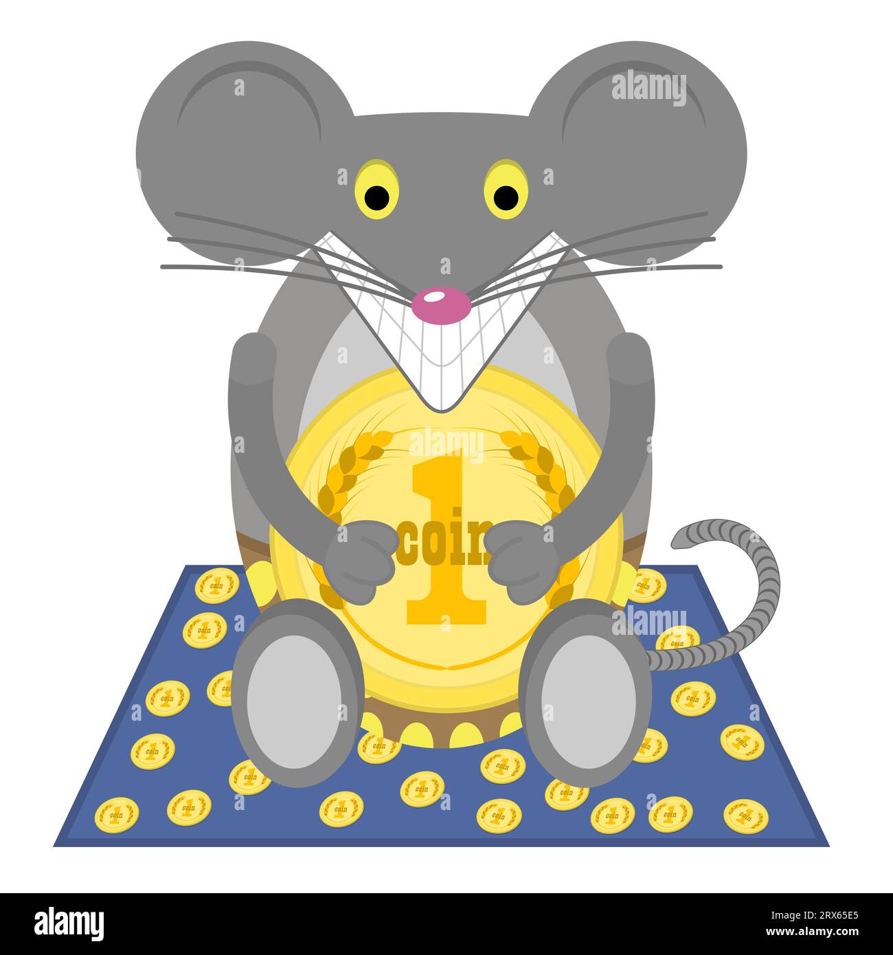 Souris avec pièce de monnaie. Drôle de souris heureuse assis sur un tapis avec des pièces d'or éparpillées. Illustration isolée. Personnage de dessin animé dans un style plat. Illustration de Vecteur