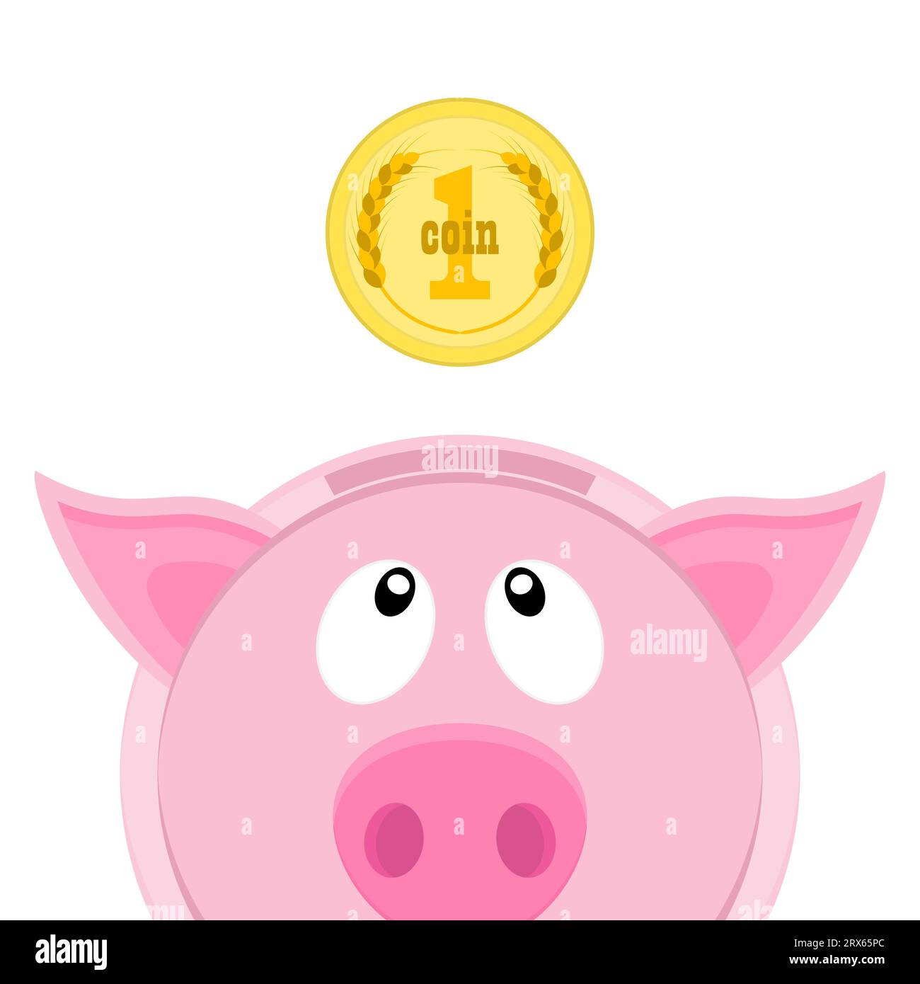 Pièce tombant dans une tirelire. L'argent tombe dans la boîte d'argent dans la forme piggy. Petit porcelet rose regarde une pièce jaune. Vue avant. Illustration de Vecteur
