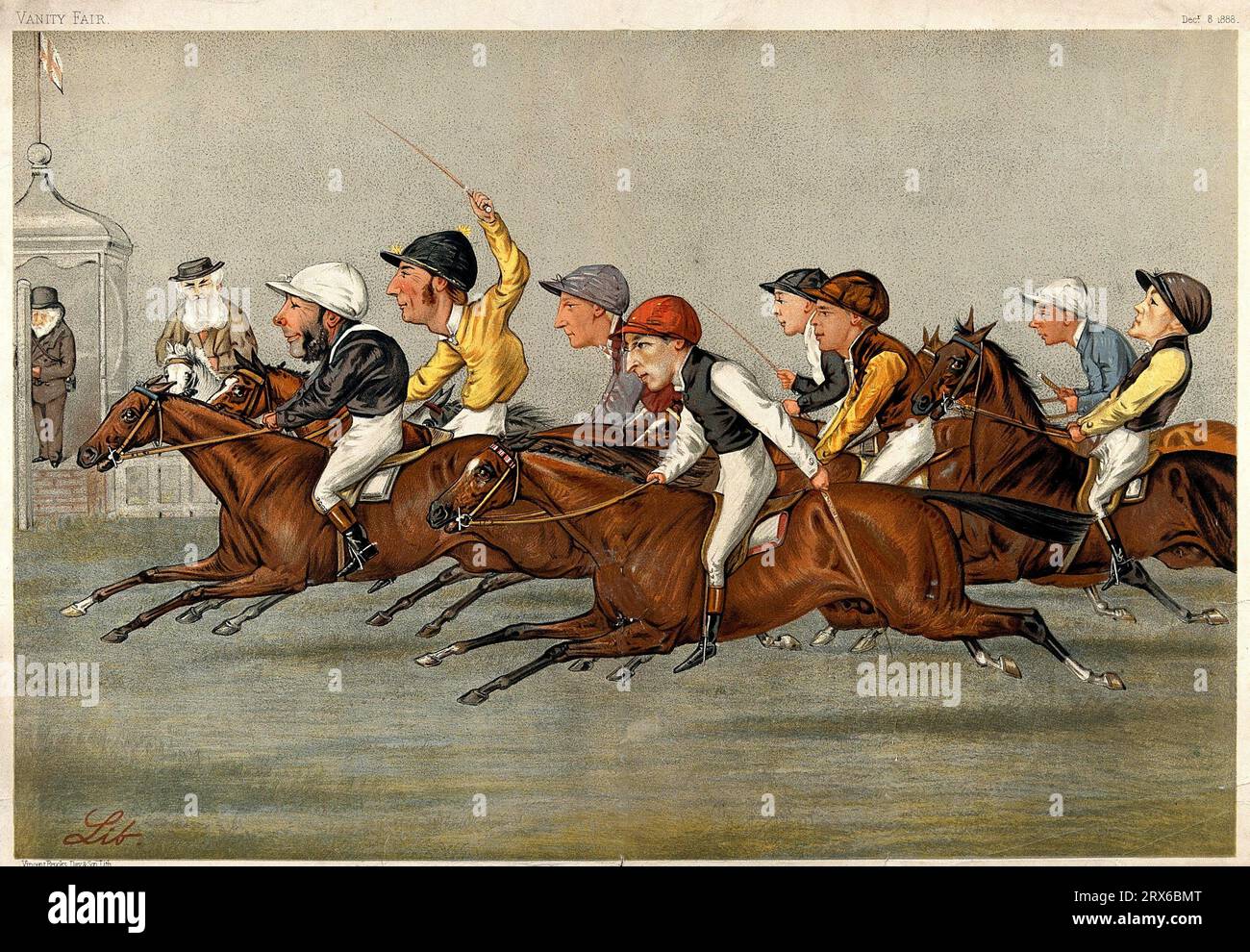 La ligne d'arrivée d'une course de chevaux, dix caricatures de portraits dont huit célèbres jockeys, lithographie couleur d'après Liberio Prosperi, 1888 Banque D'Images