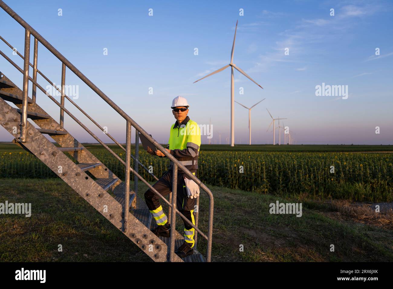 Ingénieur se déplaçant sur les escaliers par le champ d'éoliennes Banque D'Images