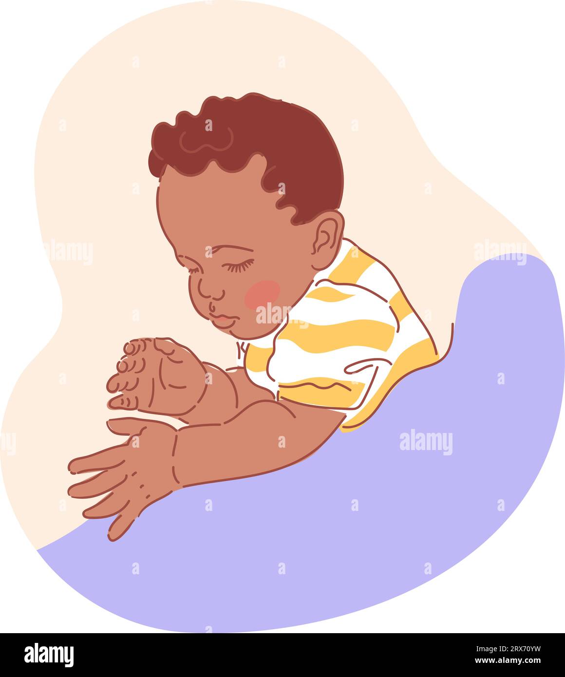 Mignon petit bébé noir garçon ou fille dans un t-shirt rayé dort. Oreiller moelleux. Coucher. Emblème expert du sommeil. Calme et sain sommeil des enfants. tr. Sommeil Illustration de Vecteur