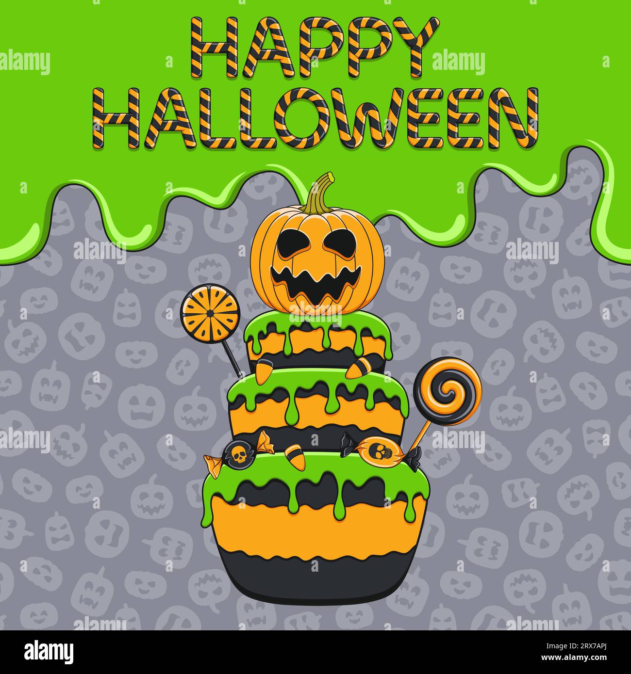 Bonne carte d'Halloween avec gâteau, citrouille, slime, bonbons. Illustration vectorielle couleur. Illustration de Vecteur