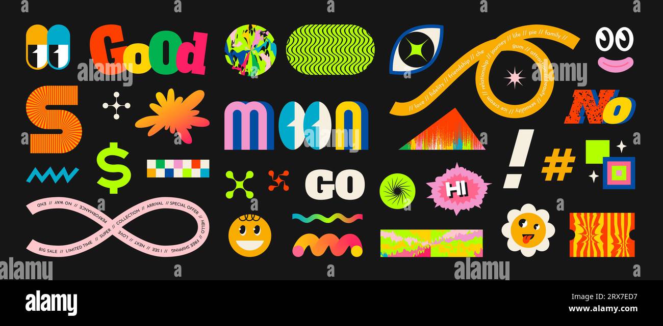 Façonner des autocollants. Éléments rétro abstraits. Figures graphiques géométriques de dessin animé. Typographie moderne. Bonne humeur. Symbole smiley. Emoji plat lumineux. Oeil et fleur. Ruban de lettrage. Jeu d'icônes de conception vectorielle Illustration de Vecteur