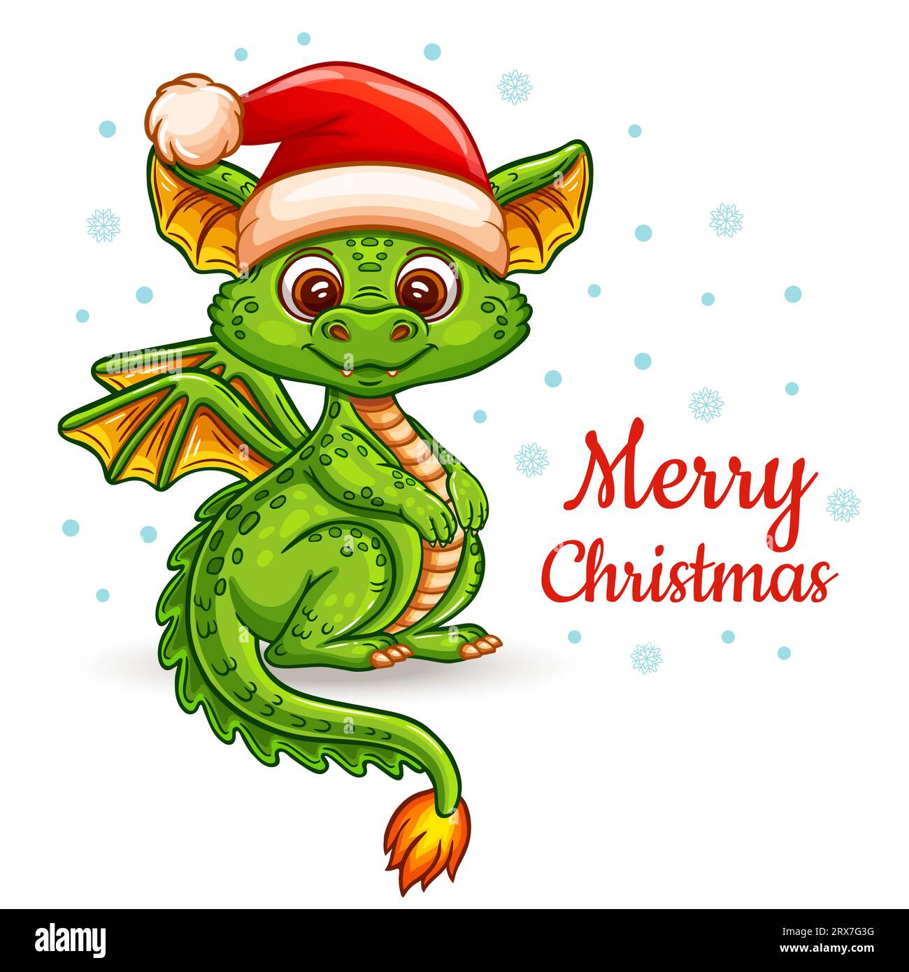 Mignon dragon fantastique de Noël, dinosaure dans le chapeau de Santa, vacances du nouvel an chinois. Reptile magique de lézard de feu. Personnage animal Dino. Vecteur de carte de voeux Illustration de Vecteur