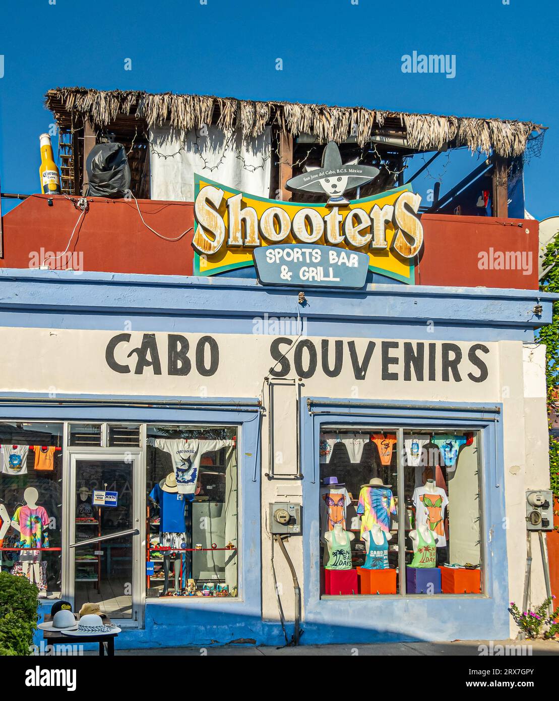 San Jose del Cabo Centro, Mexique - 16 juillet 2023 : fermeture de façade colorée de la boutique Cabo souvenirs avec sur le dessus Shooters bar sportif et grill sous bleu Banque D'Images
