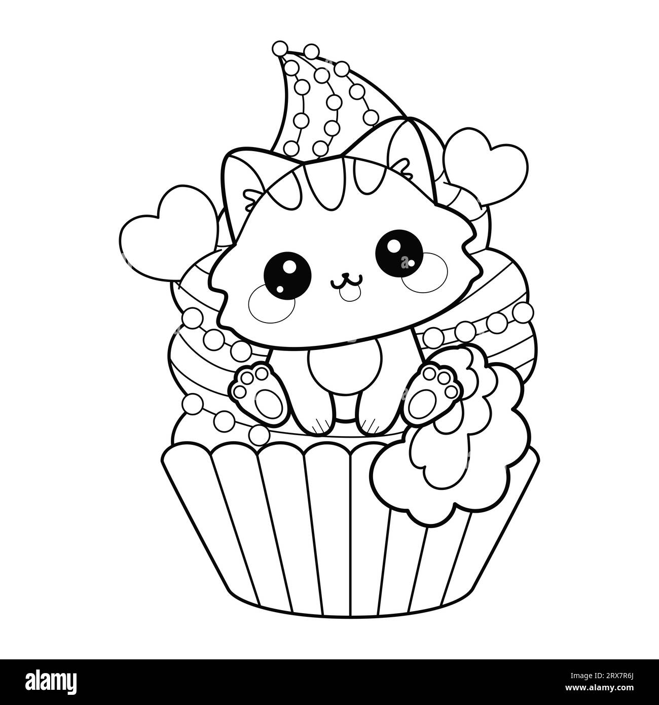 Mignon chat Kawaii sur un cupcake. Dessin au trait noir et blanc. Vecteur Illustration de Vecteur