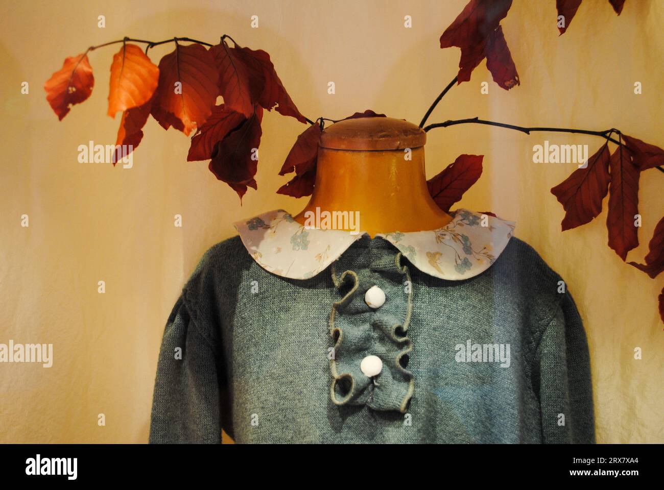 Mannequin avec des idées pour la robe de fille d'automne et feuilles sèches en arrière-plan Banque D'Images