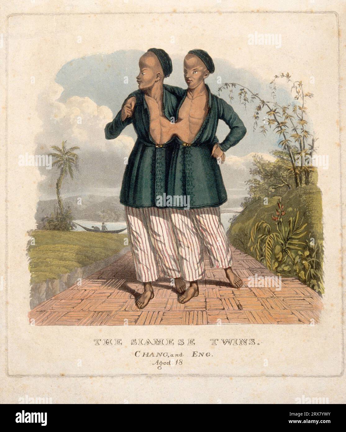 Chang et Eng les jumeaux siamois, 1811 – 1874, 18 ans dans un paysage oriental, aquatinte colorée Banque D'Images