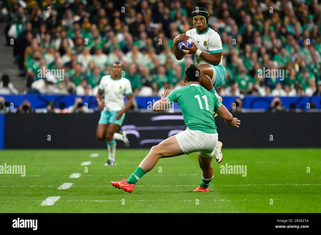 Julien Mattia/le Pictorium - Match de coupe du monde de rugby Afrique du Sud, Irlande. 16 septembre 2023. France/Seine-Saint-Denis/Saint-Denis - l'Afrique du Sud en attaque lors du premier affrontement entre l'Afrique du Sud et l'Irlande en coupe du monde de rugby, au Stade de France, le 23 septembre 2023. Crédit : LE PICTORIUM/Alamy Live News Banque D'Images