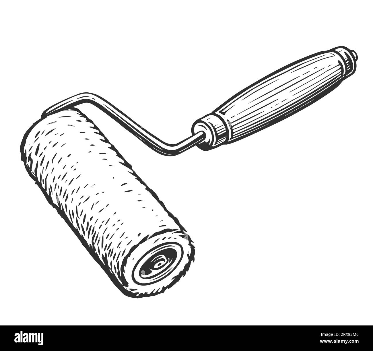 Pinceau pour rouleau à peindre avec poignée. Outil de construction pour travaux ménagers. Esquissez une illustration vintage Banque D'Images