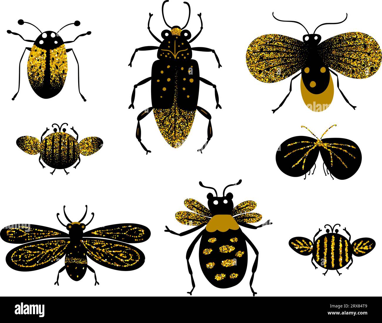 Mignons bugs doodle et illustration noire et dorée de vecteur de mite. Collection d'été enfants de dessin animé enfants personnages enfantin ensemble d'insectes Illustration de Vecteur