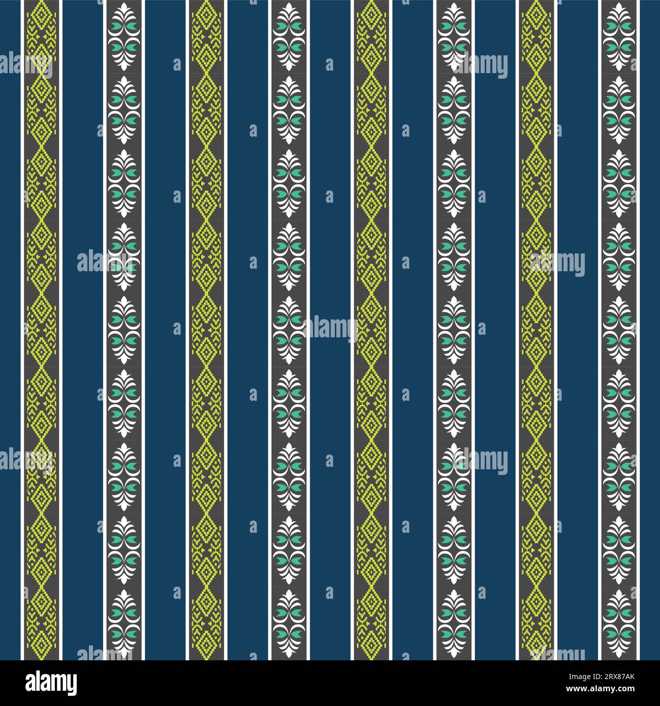 Un motif rayé bleu et vert vibrant borde des motifs blancs et verts complexes Illustration de Vecteur