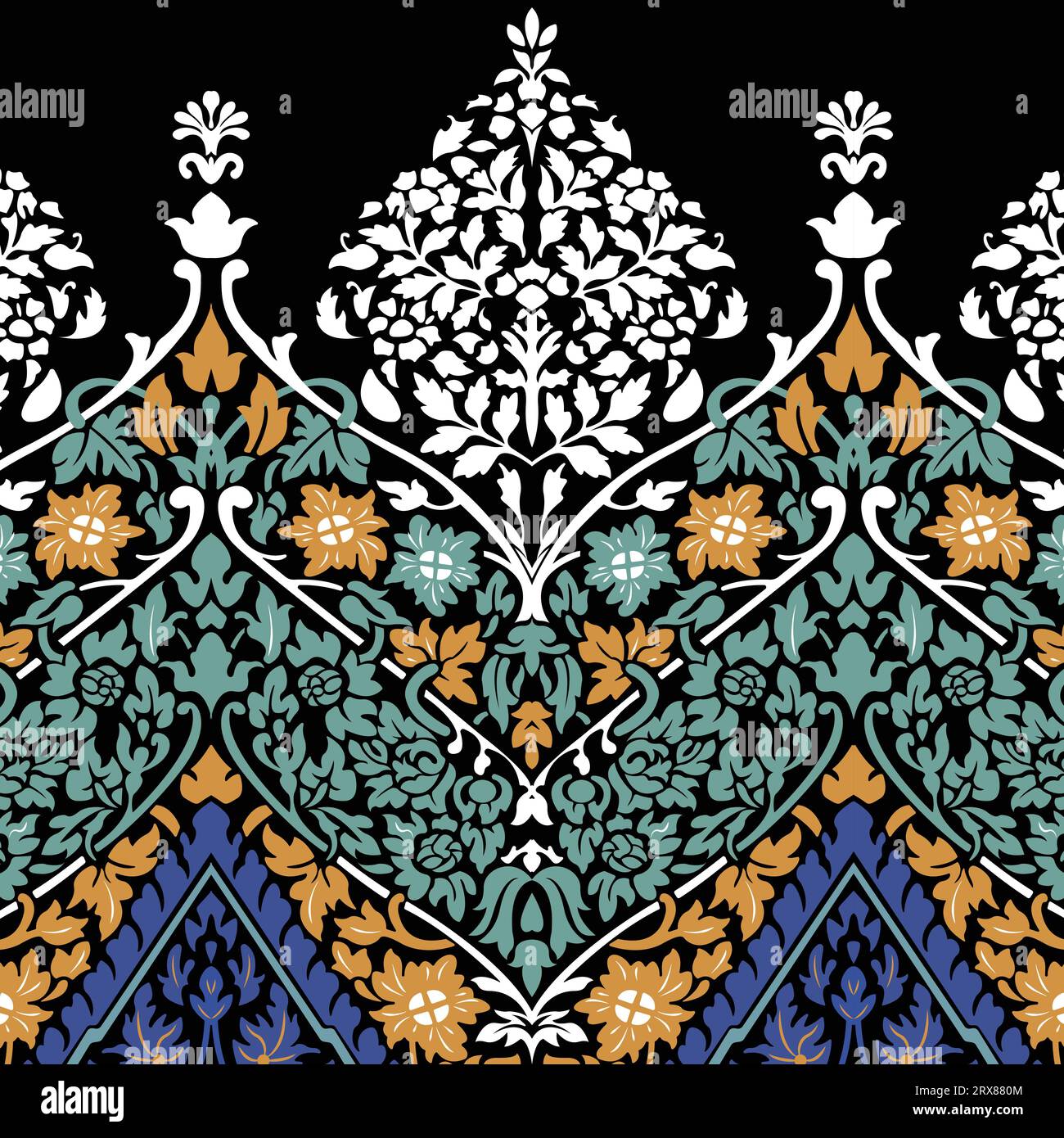 Un motif de bordure d'inspiration moghole florale vibrante sur un fond noir Illustration de Vecteur