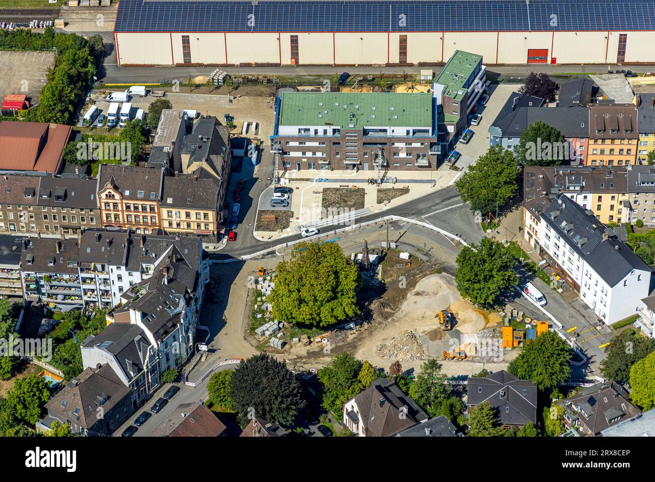 Vue aérienne, chantier Karl-Marx-Platz, maison multigénérationnelle et jardin d'enfants à Breite Straße, Witten, région de la Ruhr, Rhénanie du Nord-Westphalie, Banque D'Images