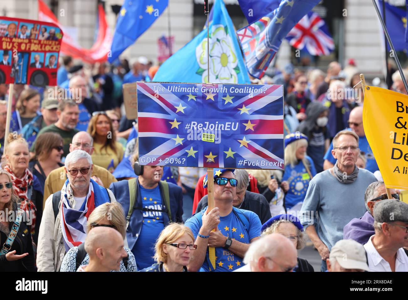 Londres, Royaume-Uni. 23 septembre 2023. Les partisans pro-européens se sont joints à la Marche nationale de réintégration alors que la campagne pour rejoindre l'Union européenne prend de l'ampleur. Des pancartes et des drapeaux de toute la Grande-Bretagne et de l'Europe ont flotté. Crédit : Monica Wells/Alamy Live News Banque D'Images