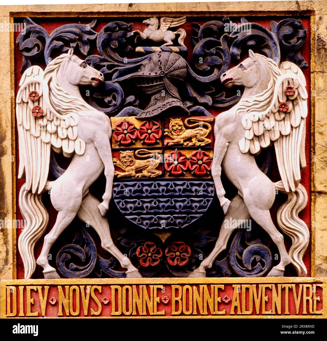 York, Merchant Adventurers Hall, armoiries, chevaux ailés, roses rouges, lions, Yorkshire, Angleterre, Royaume-Uni Banque D'Images