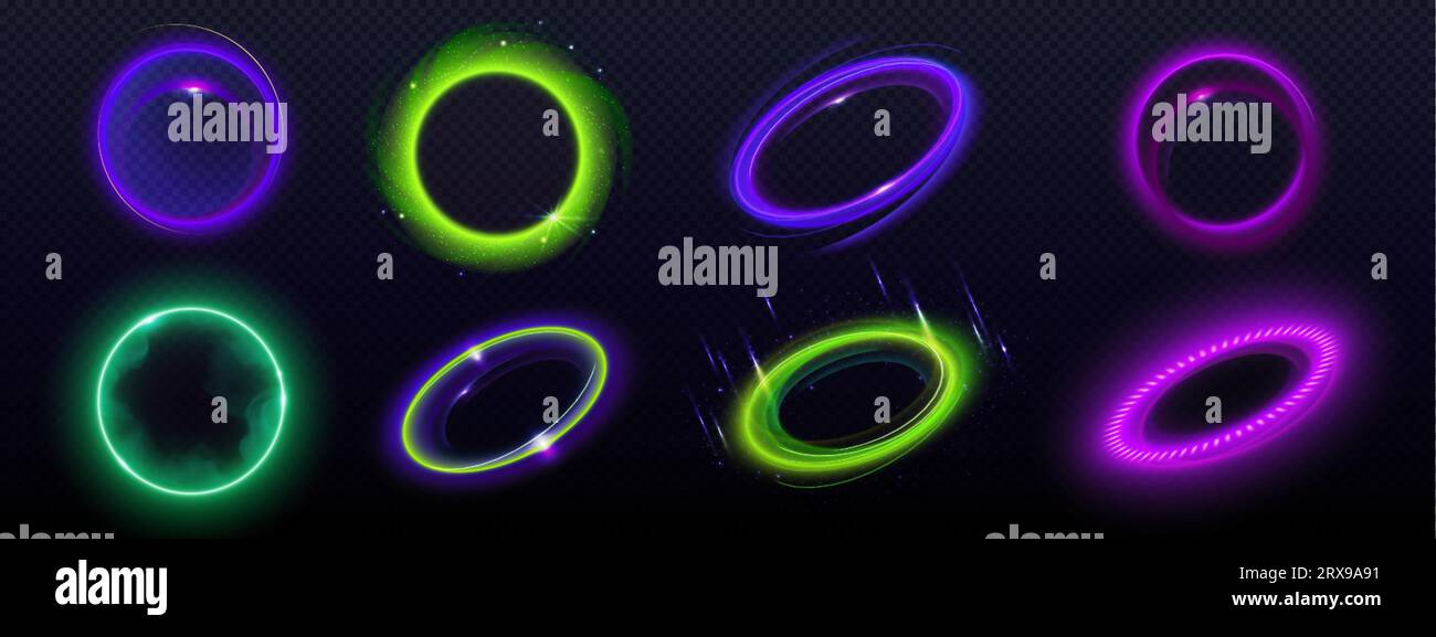 lumière électrique néon 3d et effet vectoriel anneau halo flare. Cadre de vitesse abstrait avec lueur d'énergie edm sur fond noir. Violet, vert et bleu radial Illustration de Vecteur