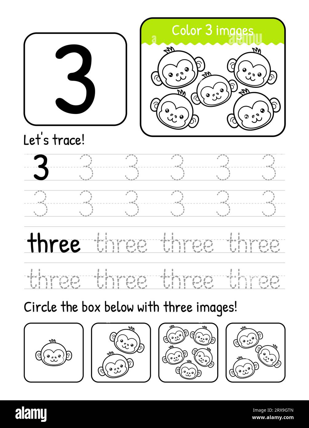 Page de feuille de travail intérieure du livre de traçage Word et numéro trois avec activités de coloriage et de comptage Illustration de Vecteur