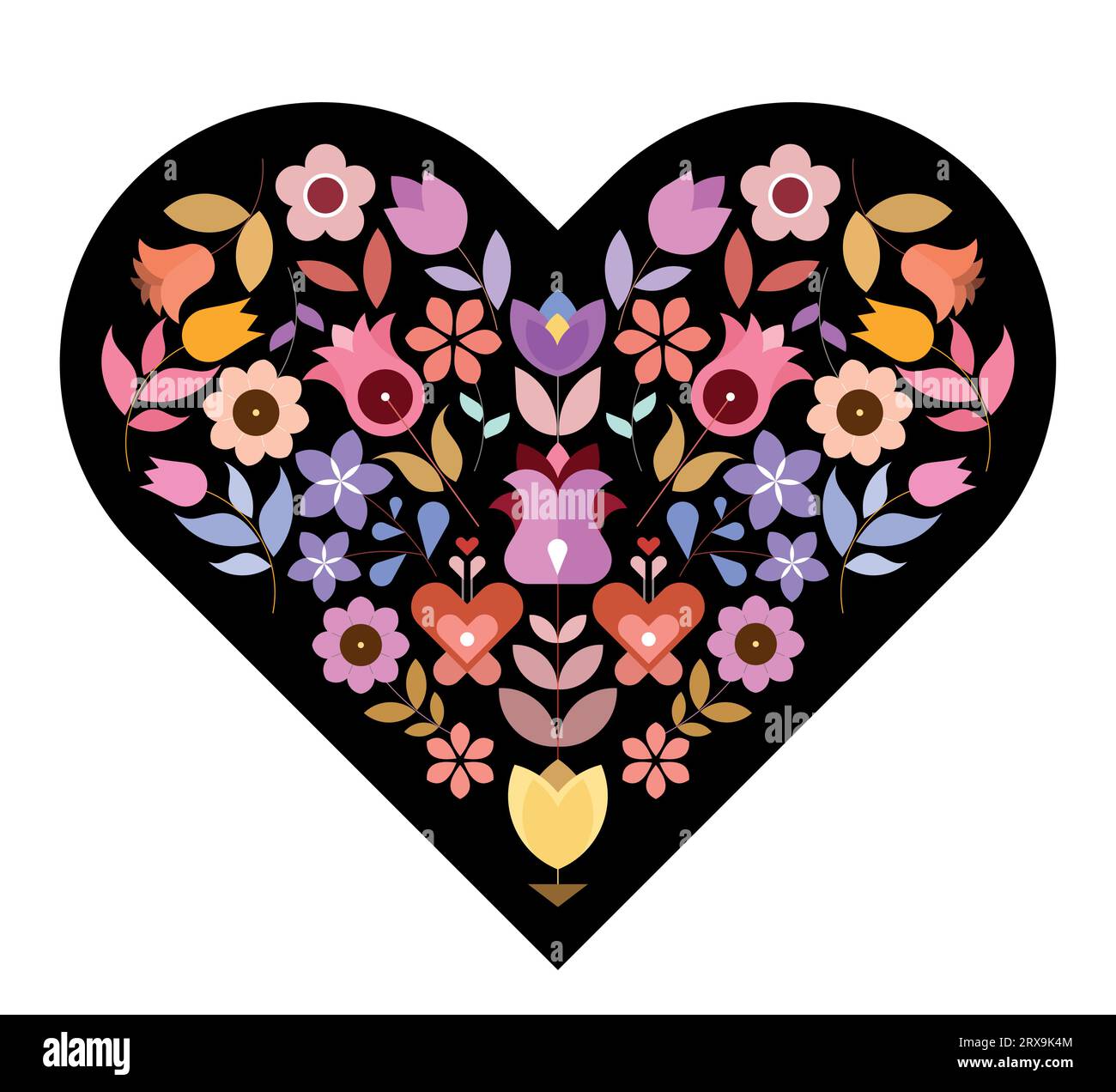 Conception florale vectorielle de forme de coeur avec de nombreuses fleurs différentes à l'intérieur isolé sur un fond noir. Illustration de Vecteur