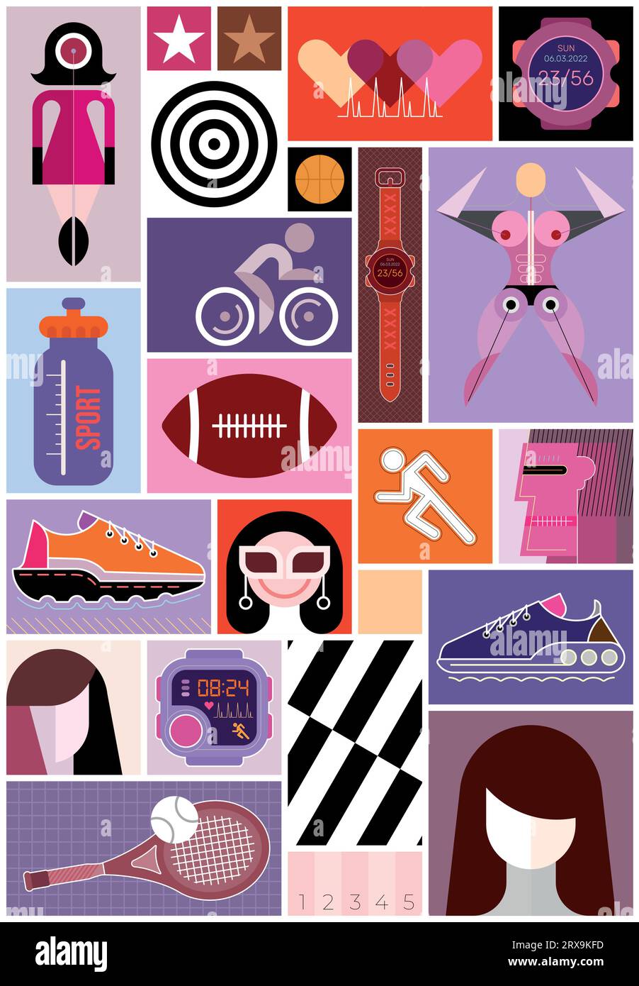 Le collage vectoriel comprend de nombreuses images et icônes sportives différentes, avatars, éléments décoratifs, etc Chacun des éléments de conception créés sur un séparé Illustration de Vecteur