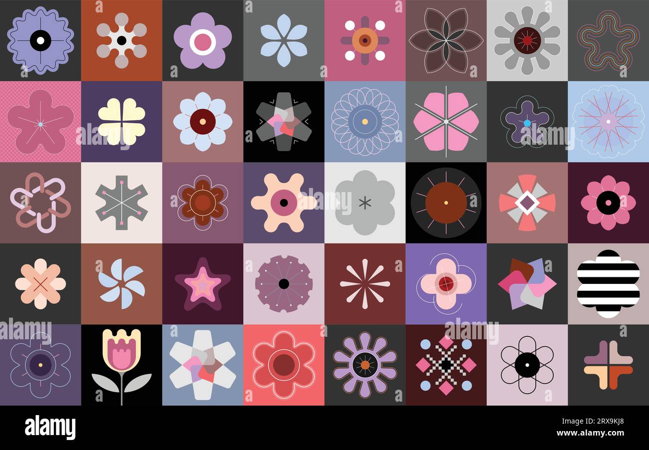 Fond transparent vectoriel abstrait comprenant plusieurs fleurs de style géométrique. Chacun des éléments de conception créés sur un calque séparé et peut être Illustration de Vecteur