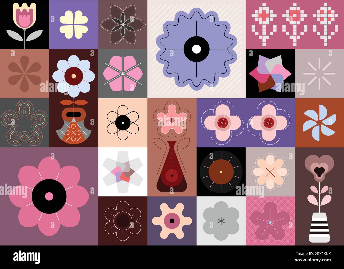 Fond transparent vectoriel abstrait comprenant plusieurs fleurs de style géométrique. Chacun des éléments de conception créés sur un calque séparé et peut être Illustration de Vecteur