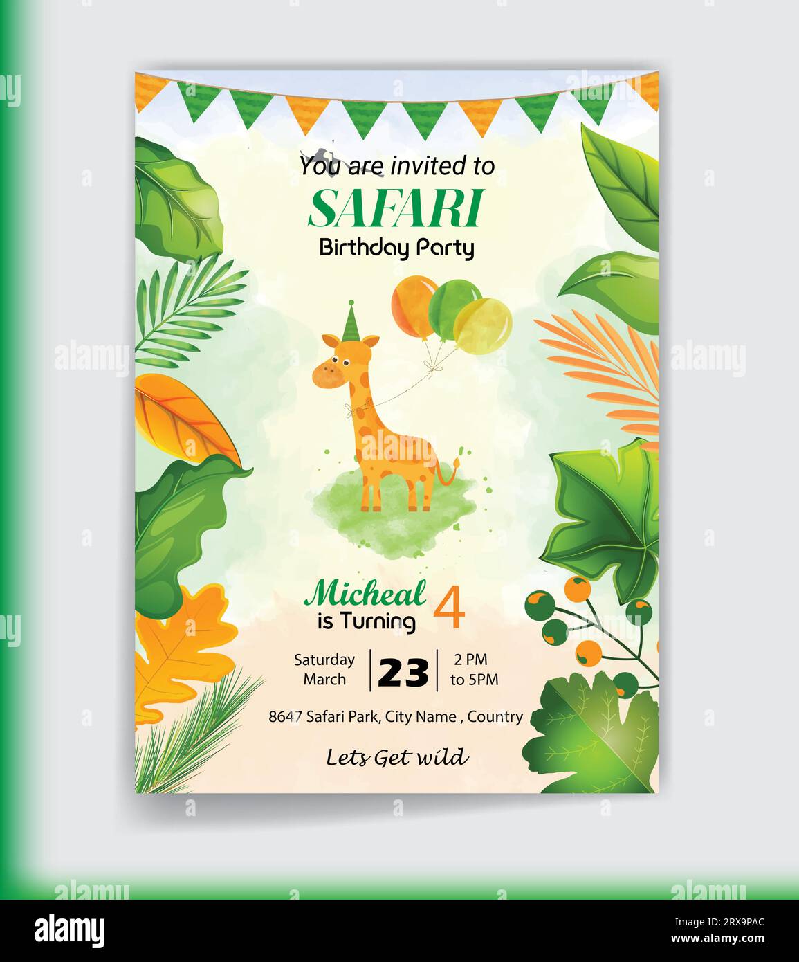 safari cartes de voeux d'anniversaire avec animaux mignons, feuille et ballon. Fête drôle de la Jungle. Illustration vectorielle Illustration de Vecteur