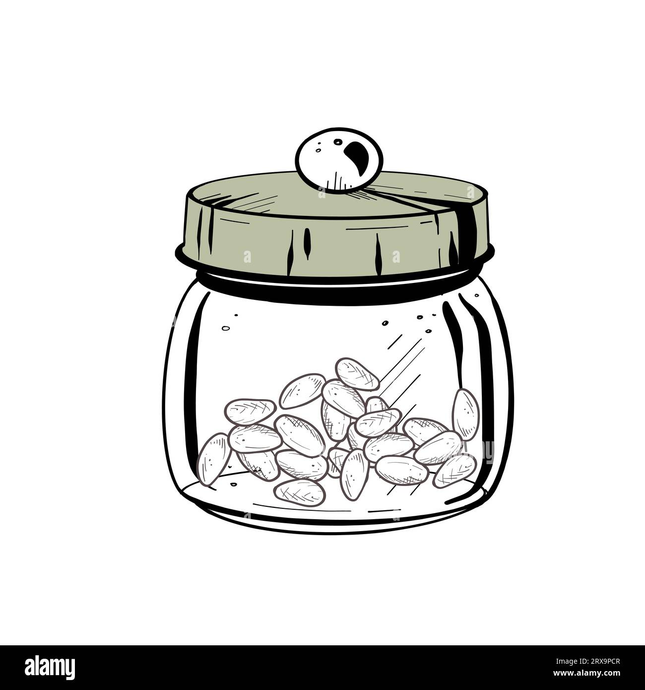 Illustration vectorielle d'un récipient en verre fermé avec couvercle solide et graines de cacao à l'intérieur. Contour noir, dessin graphique dans les courbes. Pour les cartes postales, design Illustration de Vecteur