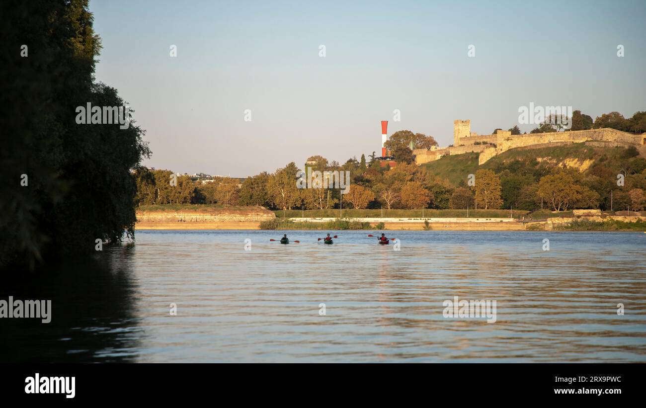 Belgrade, Serbie, 6 septembre 2023 : kayakistes sur le Danube en passant par le parc Kalemegdan et la citadelle Banque D'Images