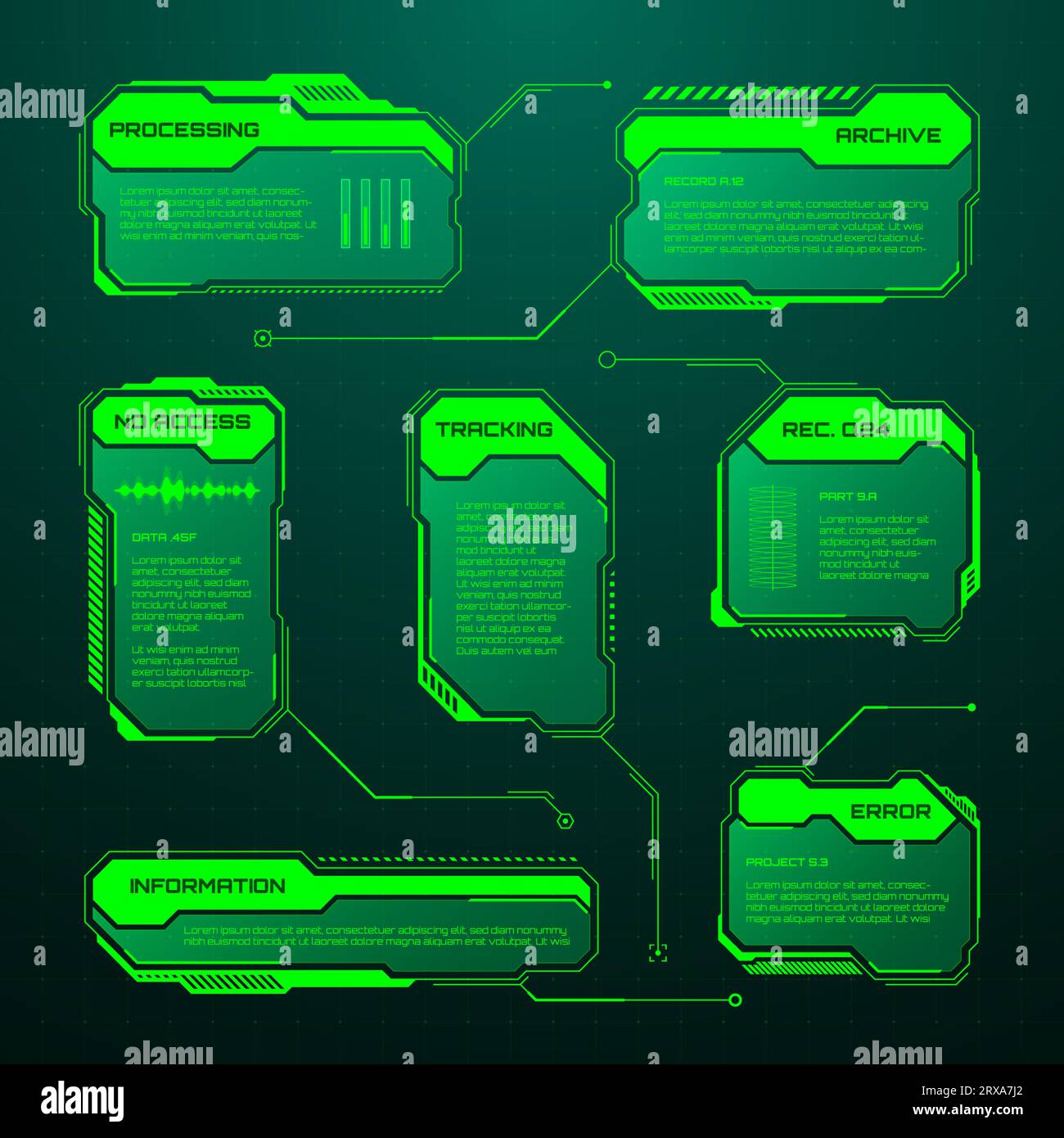 Affichage tête haute futuriste vert, éléments d'interface utilisateur. Zones de texte et légendes de l'interface utilisateur SCI-fi. Cadres de message d'avertissement, modèle de zones d'information. Jeu moderne Illustration de Vecteur