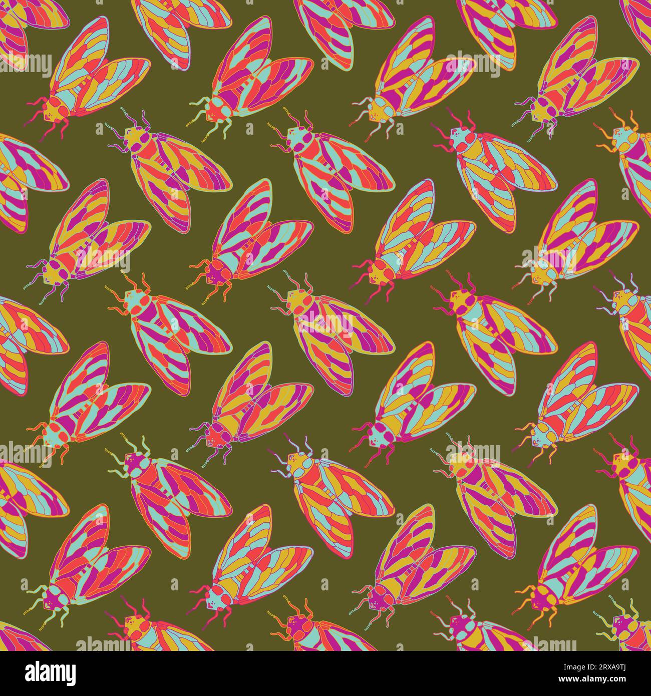 Motif sans couture Cicada insectes. Fond vectoriel avec croquis Cicada dessiné à la main. Design d'été avec des insectes. Illustration de Vecteur