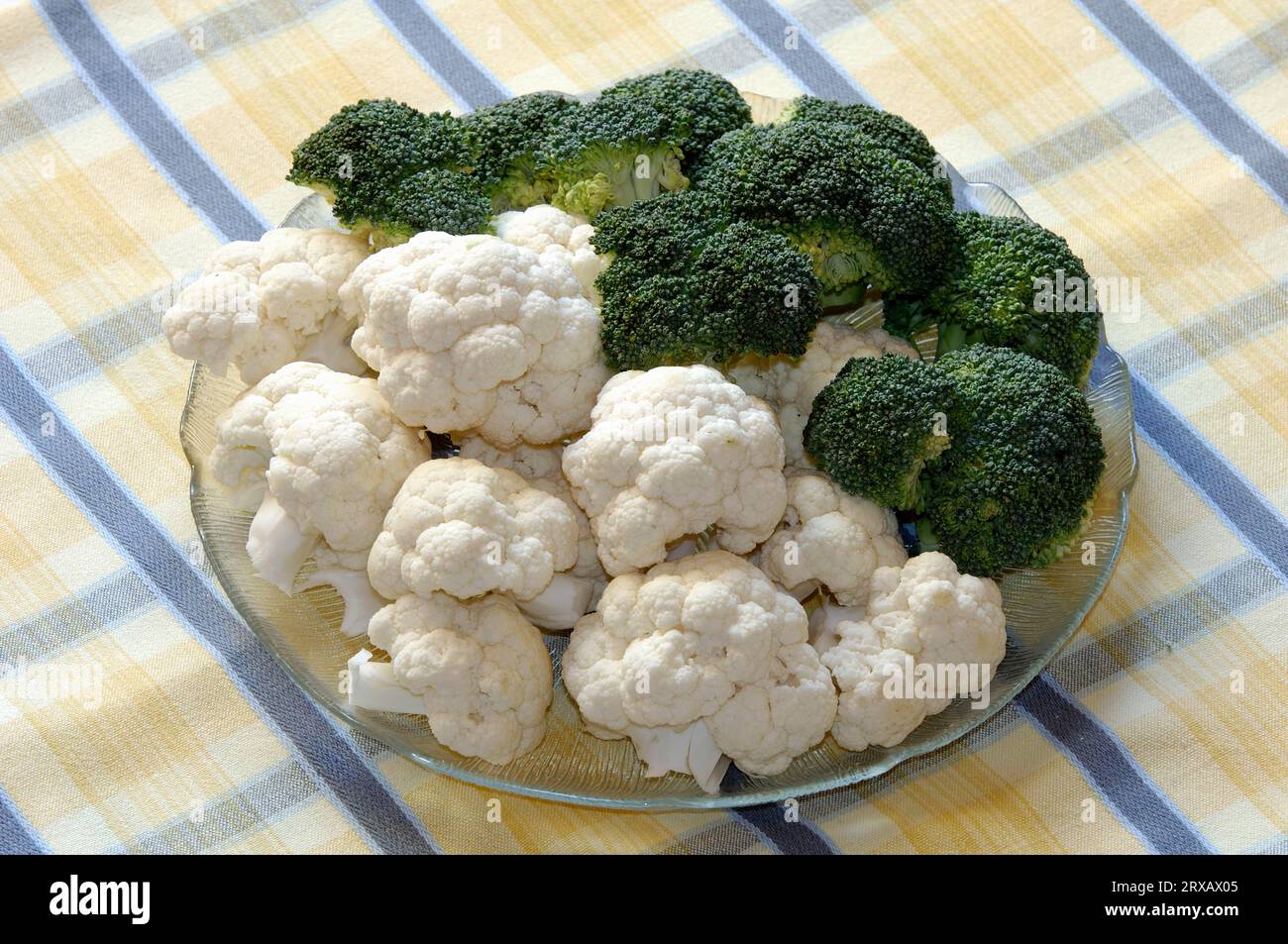 Chou-fleur (Brassica oleracea var. botrytis) et le brocoli (Brassica oleracea var. Italica) sur la plaque, Romanesco Banque D'Images