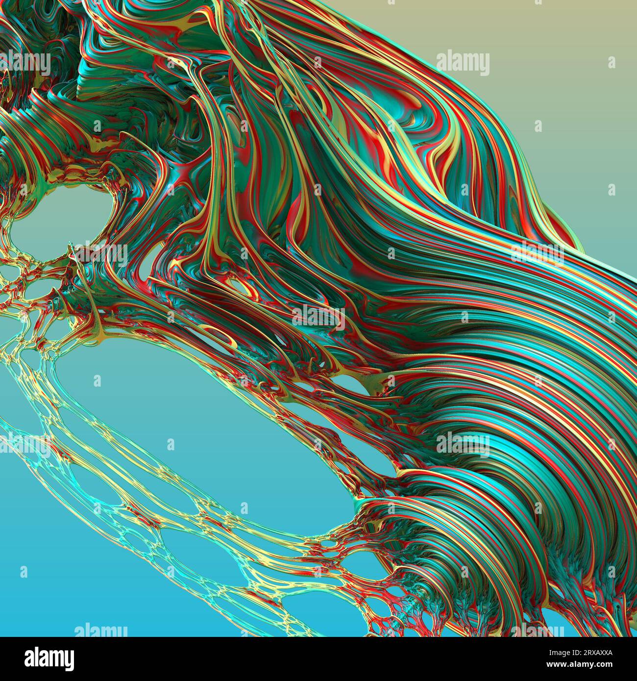 Objet 3d abstrait avec structure multicouche. Couleurs bleues, rouges et jaunes. illustration 3d, rendu 3d. Banque D'Images