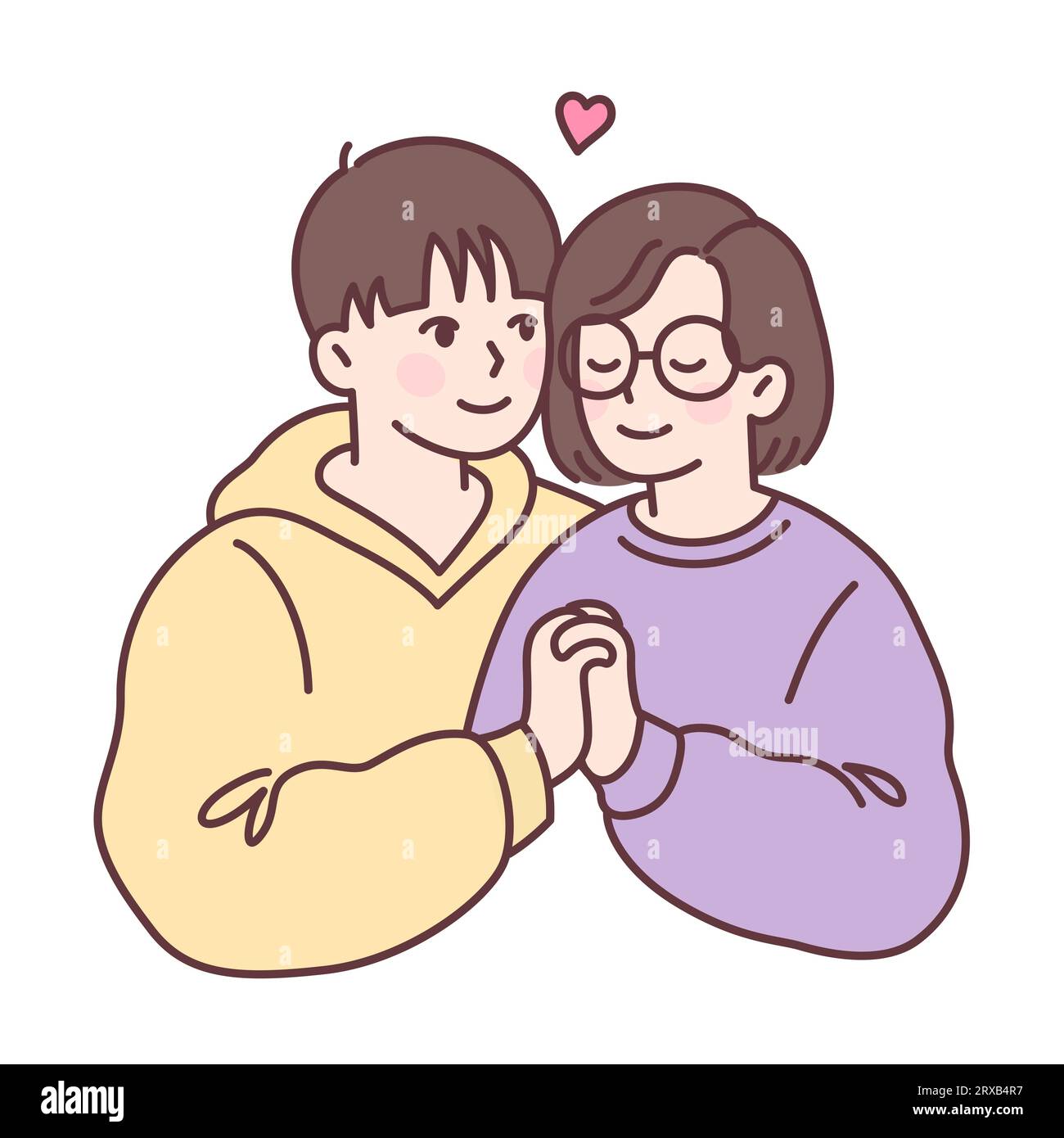 Mignon jeune couple asiatique dans l'amour tenant la main. Dessin de dessin animé simple, illustration vectorielle. Illustration de Vecteur